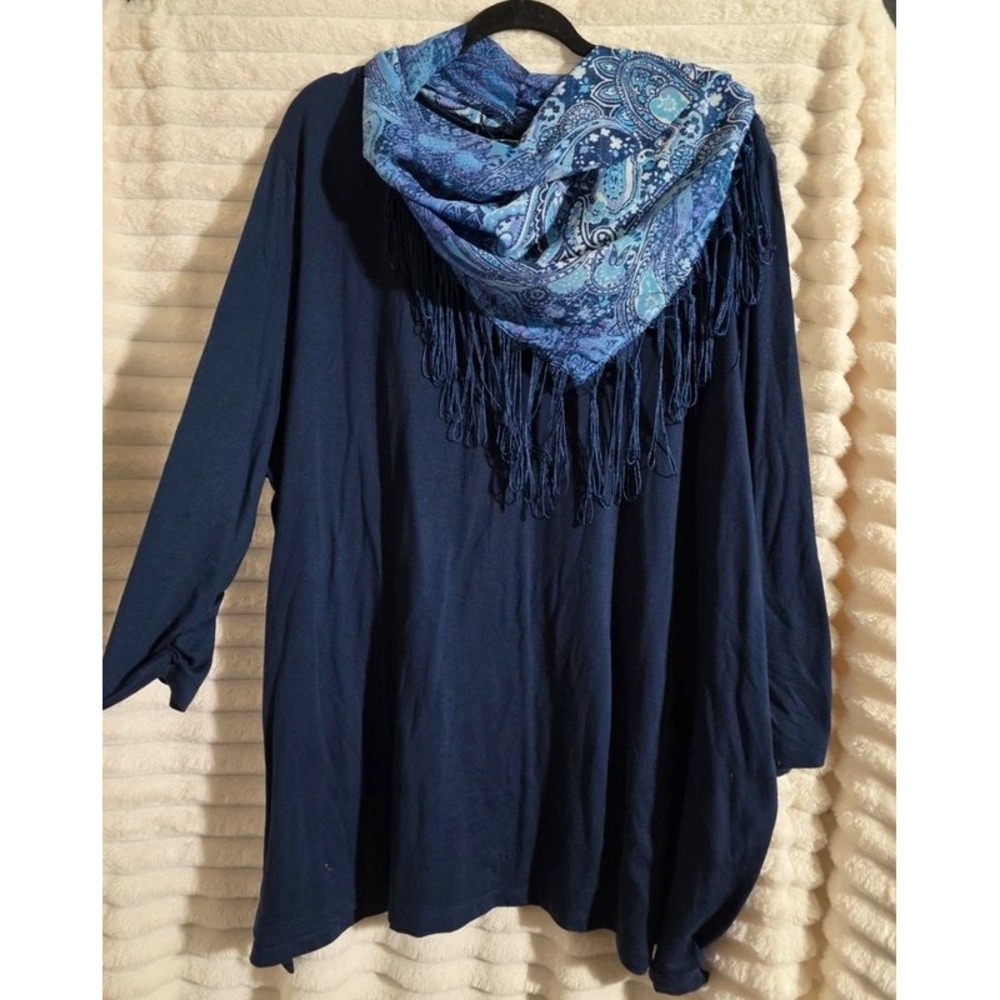 Catherines Navy Blue V-Neck Tunic Top & Removable Paisley Fringe Scarf Set 3X